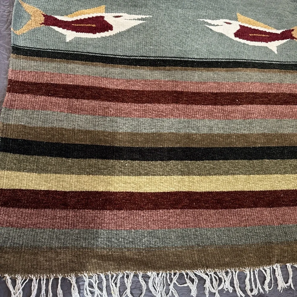 Hand Woven Colorful Fish Blanket Rug Tapestry Native ‎ Cabin Lodge Camp 80x48
